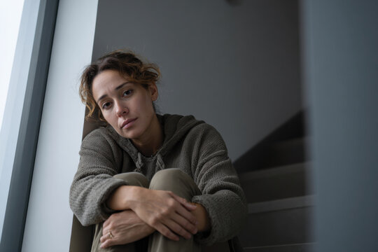 The image captures a pensive woman sitting on a staircase, lost in her thoughts, surrounded by serene shadows and light that emphasize her introspective demeanor.