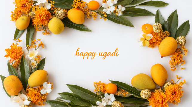 Happy Ugadi New Year Celebration with Mango and Marigold Floral Border