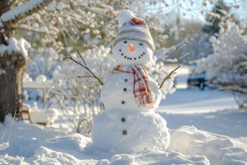 Obraz premium Classic snowman with carrot nose, coal eyes and twig arms wearing knitted hat and scarf in a snowy winter garden