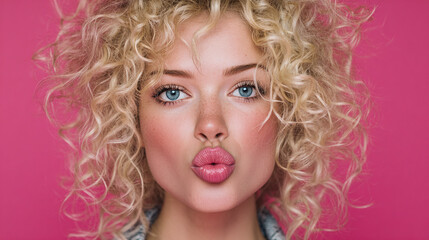 Fototapeta premium young woman blonde curly hair pouts lips for kiss blue eyes detailed makeup playful glamorous fashion studio portrait vibrant pink background