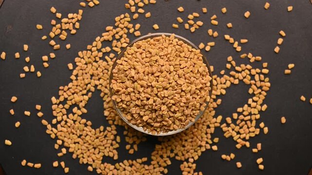 Top View of Methi Seeds (Fenugreek) in White Bowl on Black Background &ndash; Rotating Footage