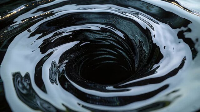 Spinning glossy dark vortex tightening after rim nudge in basin, with reflective rim and bubbles