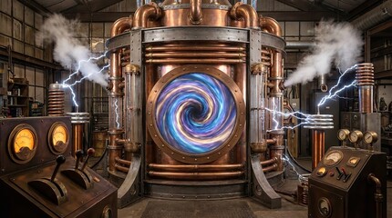 A large copper machine with a swirling blue light in a steampunk laboratory setting