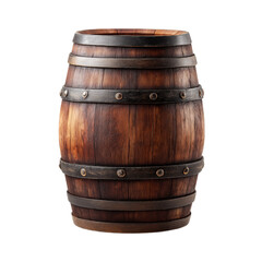Obraz premium Old wooden barrel with metal bands, rustic vintage storage cask isolated on white transparent png background, traditional winery and brewery container