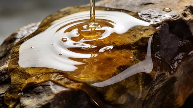 Pouring narrow stream forming glossy amber pool on rough rock in studio with droplets and bubbles