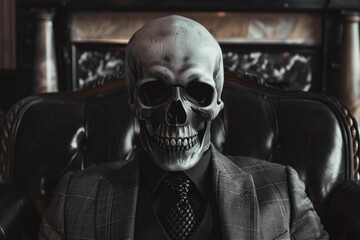 Fototapeta premium Spooky skeleton wearing suit and tie sitting on leather chair in front of fireplace