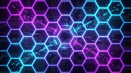 A futuristic digital illustration of neon hexagons on a dark background
