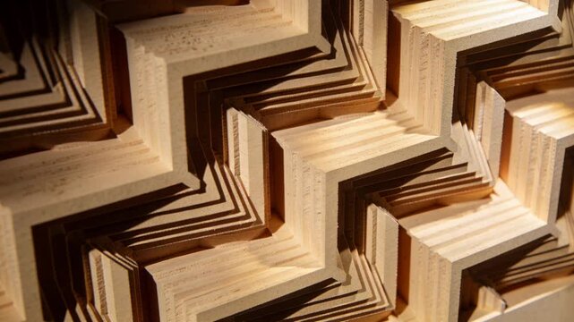 Shifting warm light sweeping across wooden zigzag form in studio, revealing layered plywood grain