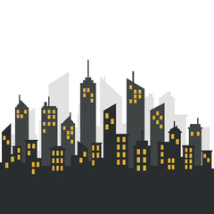 Fototapeta premium Modern city skyline silhouette with illuminated windows at night, representing urban development and city life.