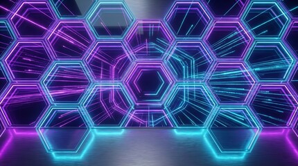A futuristic neon-lit honeycomb pattern with purple and blue lights
