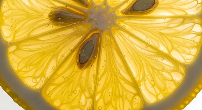 Fresh lemon slice with visible pulp and seeds on white background