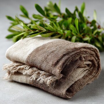 Folded Linen Throw Blanket with Fringe and Greenery on Gray Background