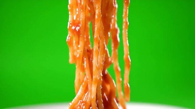 Close-up shot of appetizing spaghetti with savory tomato sauce being lifted by a fork on a green screen. Perfect for food-related content.