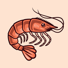 Shrimp vector illustration in detailed colored style, hand drawn seafood crustacean etching perfect for restaurant menu, packaging, nautical design and retro food branding