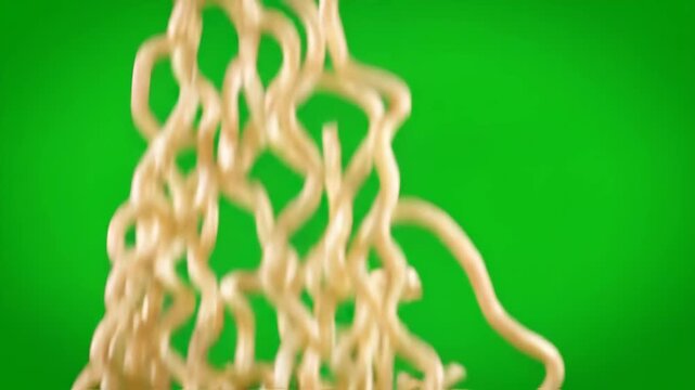 Close-up shot of uncooked instant ramen noodles dropping down, perfect for culinary and cooking projects.