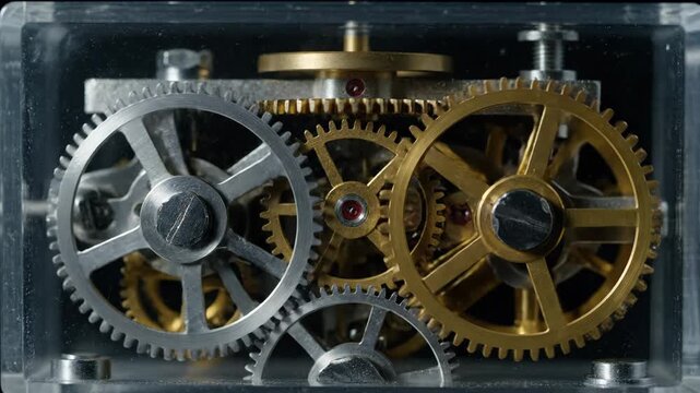 Close-up view of a complex clock mechanism with interconnected gears turning smoothly inside a clear box.
