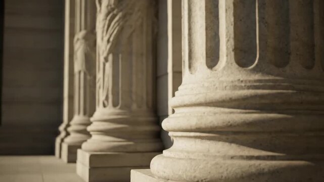 Close-up view of a row of classical architectural columns made of textured stone, showcasing historical grandeur.