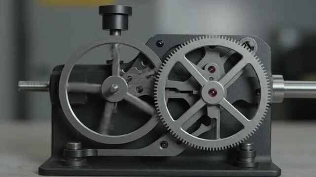 Close-up view of a sophisticated mechanical system with interconnected gears and cogs in continuous motion. Illustrates the principles of engineering and precision machinery.
