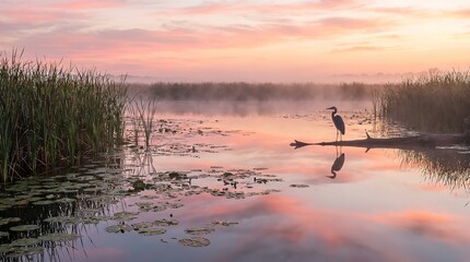 A serene heron stands in a misty wetland at sunrise