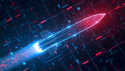 Fototapeta premium Digital Missile Made of Data Particles – Cyber Warfare Concept