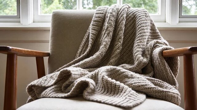 Shifting camera capturing armchair with ribbed throw by window, showing throw texture