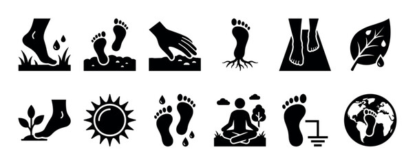 Obraz premium Set of black earthing and grounding icons showing barefoot connection with nature, meditation, and ecological concepts in a minimalist glyph style isolated on a white background