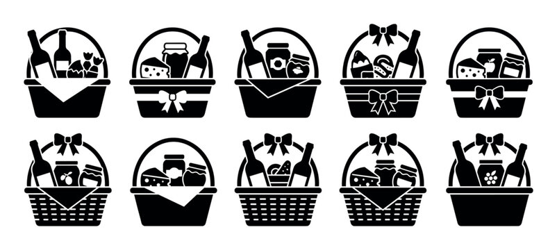 Black gift basket icons set showing various hampers filled with gourmet food, wine bottles, cheese, and jam jars, presented in a simple silhouette vector style isolated on white