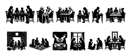 Obraz premium Collection of black woodcut style illustrations showing diverse people and families praying before a meal at a dinner table or picnic, isolated on a white background