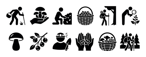 Fototapeta premium Black glyph icon set for foraging activities like mushroom hunting, berry picking, and hiking, featuring simple silhouette pictograms of people gathering food in nature, isolated on white