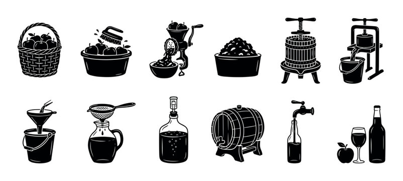 Cider making process black silhouette icon set showing the steps from apple harvesting to fermentation and bottling, isolated on a white background