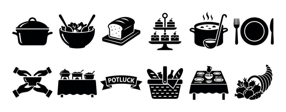 Set of black potluck dinner icons showing food, sharing, and community concepts like soup, salad, buffet, and cornucopia, presented as a simple glyph collection isolated on white