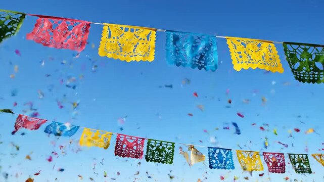 Colorful papel picado banners wave gently in the breeze as festive confetti falls from a clear blue sky. This scene captures the essence of a vibrant celebration or fiesta.