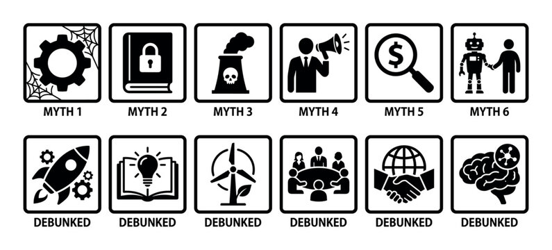 Collection of myth versus debunked concept icons showing misinformation versus truth, fact checking, and dispelling false beliefs in a simple black and white vector graphic style isolated on white