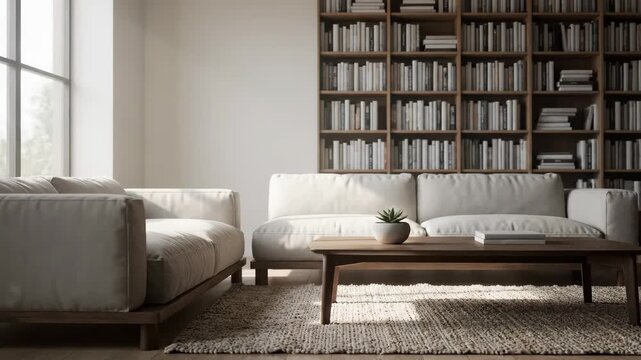 Cozy and minimalist home interior featuring a spacious living area with natural light and extensive library.