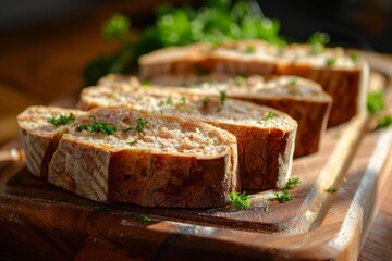 Crunchy slices of bread with parsley on a wooden cutting board, creating a rustic and inviting scene