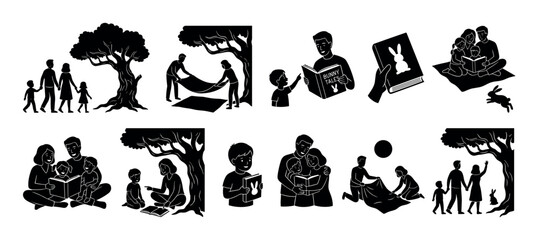 Black silhouette illustration set of family activities showing parents and children reading books, walking in nature, and enjoying leisure time together, isolated on a white background