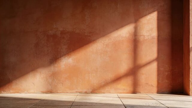 Shifting sun entering window moving across apricot wall casting grid shadows on tiled floor