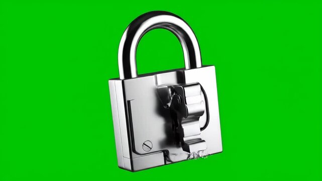 Detailed animation of a chrome padlock locking and unlocking, revealing its intricate internal mechanism. Perfect for security, privacy, and access control concepts on a green screen background.
