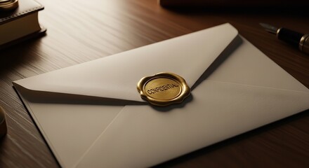 A sealed envelope with a gold wax stamp on a wooden desk