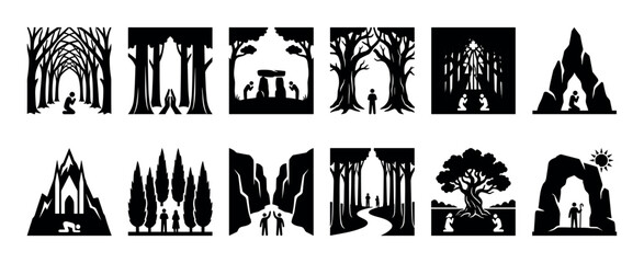 Fototapeta premium Set of black silhouette icons depicting spiritual and religious themes like prayer, worship, and pilgrimage in nature and sacred places, isolated on a white background