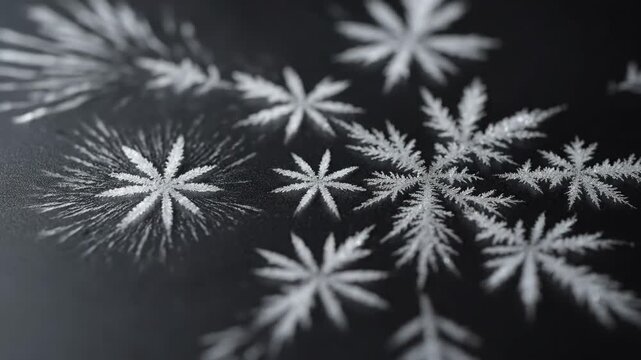 Detailed close-up time-lapse of frost and ice crystals forming intricate patterns on a cold dark background. Perfect for winter, cold, and nature themes.