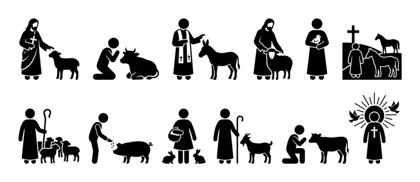 Collection of black religious pictograms showing biblical figures, saints, and priests interacting with various animals in scenes of blessing, prayer, and care, isolated on a white background