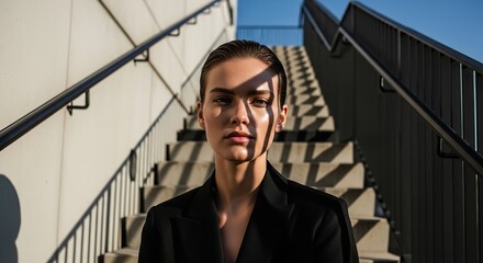 A confident young woman standing in front of a modern staircase
