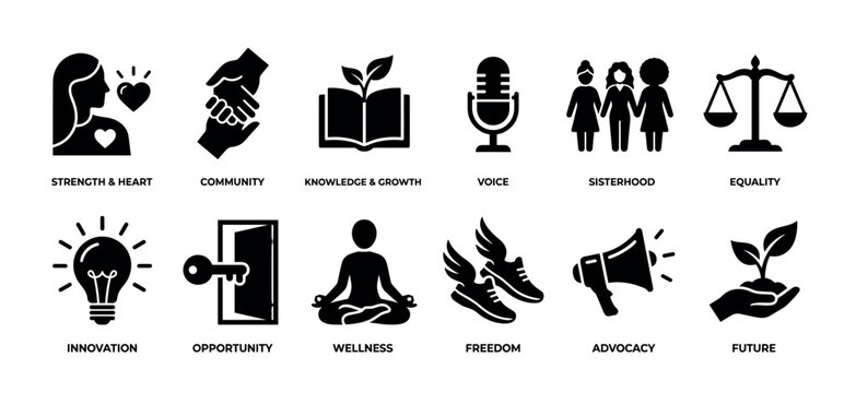 Set of twelve black glyph icons representing empowerment concepts like strength, community, equality, and freedom, arranged in a collection isolated on a white background