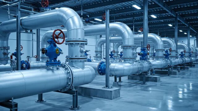 Detailed view of a complex industrial piping network with multiple valves and connections in a clean facility