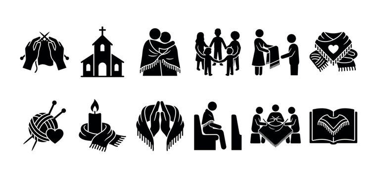 Black glyph icons set representing a prayer shawl ministry with symbols of knitting, community support, faith, and charity isolated on a white background