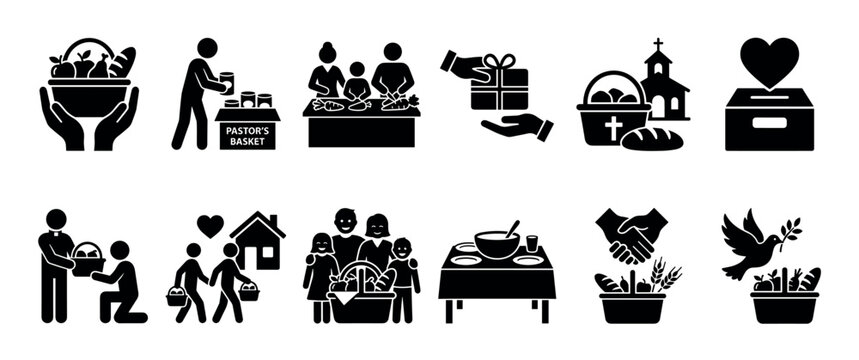 Set of black charity and donation icons representing community support, volunteering, and helping the poor, illustrating concepts like food drives and church outreach in a simple glyph style