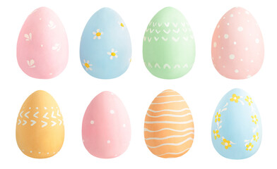 A collection of eight Easter eggs on a white isolated background