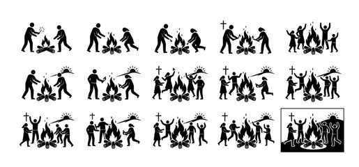 Fototapeta premium Collection of black pictogram icons showing people gathering around a campfire for community, celebration, worship, and outdoor camping activities, isolated on a white background