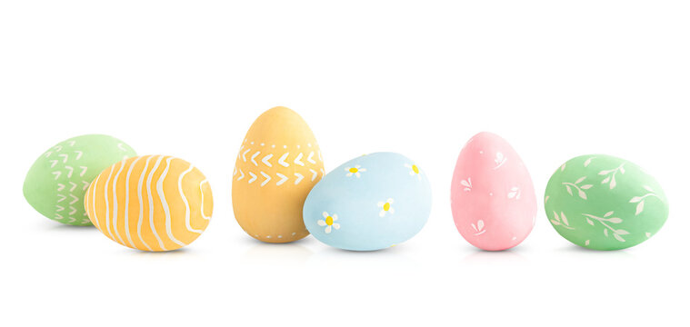 six Easter eggs on a white isolated background